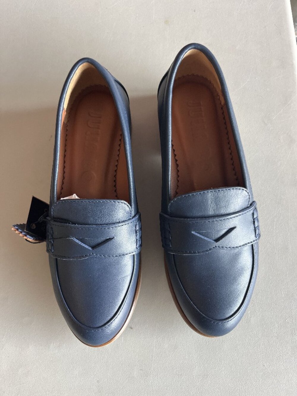 Women's navy leather loafers, brown slip on flats